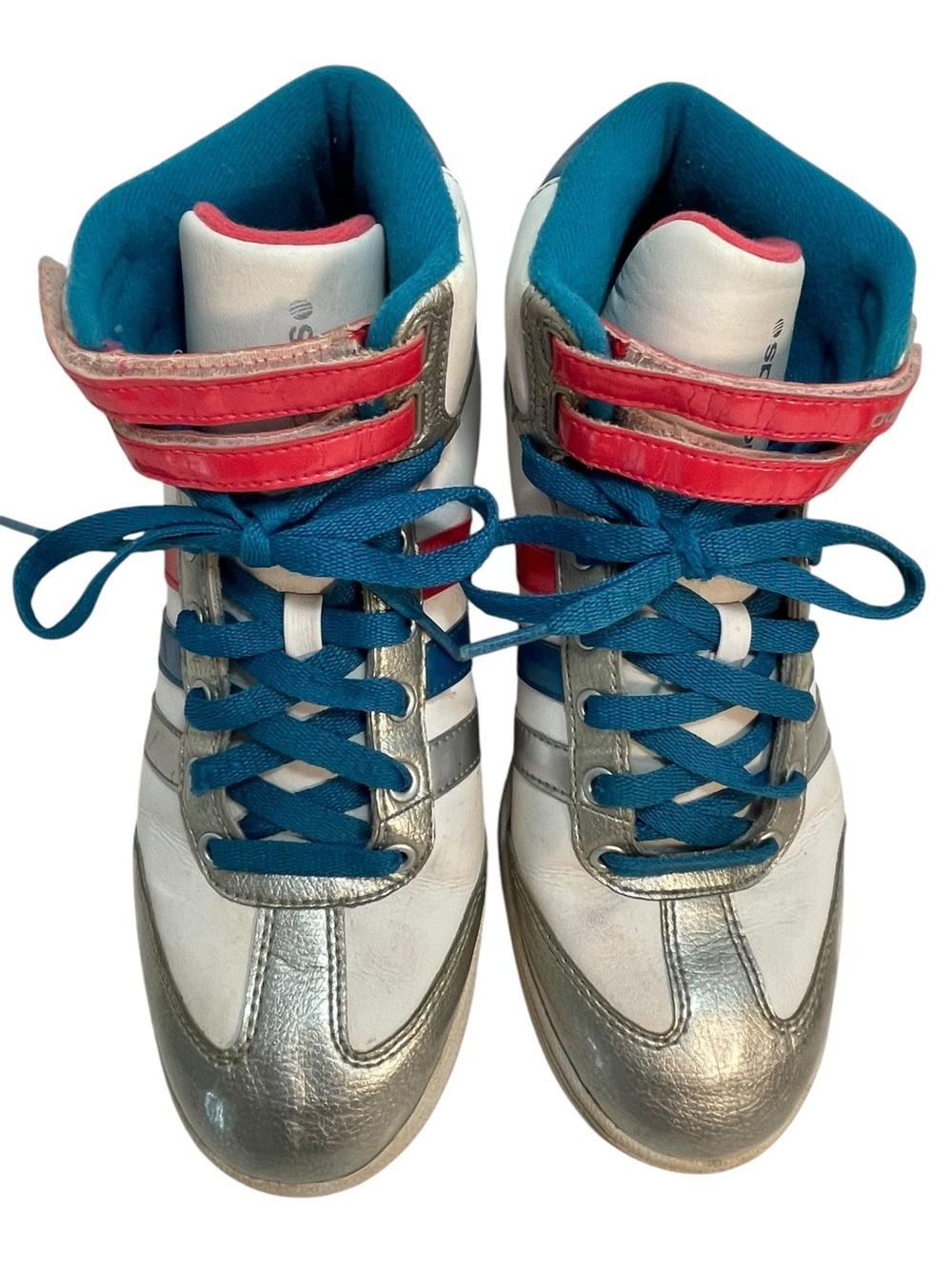 adidas White Silver Blue Pink High-Top Athletic Sneakers
